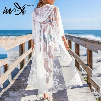 Jo-X Sexy mežģīņu pludmales kleita Kapuci ilgi kaftan kimono Caurspīdīgs peldkostīms segtu ups Balto Pludmali, valkāt peldkostīms uz augšu jaunas
