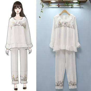 Japānas jaunā stila dāmas pavasara, rudens un ziemas pidžamu uzvalks kokvilnas gadījuma garām piedurknēm, garās mājas pakalpojumu, pidžamas sieviešu