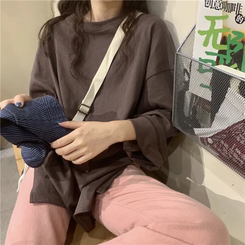 Topi mujer 2019 rudens svešinieks lietas gothic vintage harajuku korejas tīrtoņa krāsu garām piedurknēm gadījuma lielgabarīta draugiem t krekls