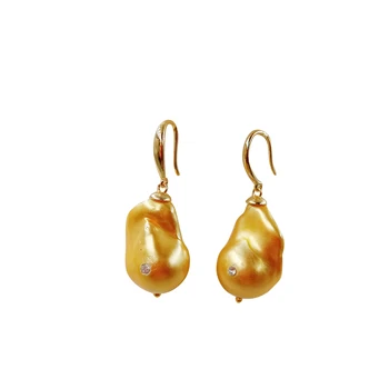 Saldūdens zelta, pērļu auskari ar 925 sudraba āķi - AA zelta Pērle ar kristāla pērle length18-20 mm liels baroka pērle