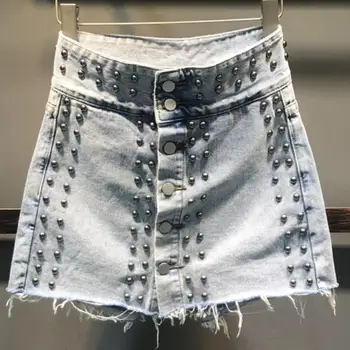 Kniežu džinsa bikses sievietēm 2020. gada vasaras jaunā modes augsta vidukļa vienu krūtīm-line džinsi bikses svārki