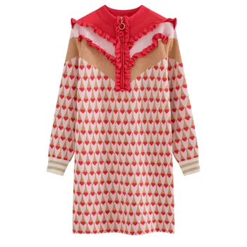 LANMREM ir 2021. jaunu rudens un ziemas stand apkakli pilnu piedurknēm sarkanā kontrasts, krāsas rāvējslēdzēji pulovers knittting kleita WL07703XL