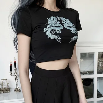 Seksīga Melnā T-krekli, Sieviešu 2021 Streetwear Gothic Pūķis Drukāt Bodycon Topi Harajuku Gadījuma Sieviešu Vasaras T Krekli