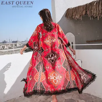 Sarkanā beachwear kimono jaka sauļošanās boho šiks sievišķīga blūze meksikas drukāt sieviešu topi vasaras 2019 garš krekls sieviešu AA4820