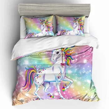Digitālās mākslas melnās zvaigznes unicorn varavīksnes gultas komplekts karalis, karaliene dubultā pilnu dvīņu viena izmēra gultas veļas komplekts