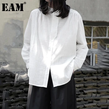 [EAM] Sievietes Baltā Sadalīt Kopīgo Liela Izmēra Blūze Jauno Stand Apkakli, garām Piedurknēm Brīvs Krekls Modes Jūra Pavasara Rudens ir 2021. 1DB197
