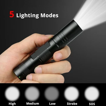Ūdensizturīgs pārnēsājamo kabatas lukturīti 5 apgaismojuma režīms LED mini lukturītis izmantot 18650 akumulatora, kas piemērots nakts apgaismojums, kempings, utt.