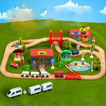Elektriskā Vilciena Sliežu Komplekts ar Magnētisko Izglītības Slots Trases Piederumi, Koka Dzelzceļa Puzzle Stacijas Rotaļlietas, Dāvanas, rotaļlietas Bērniem, Jaunas