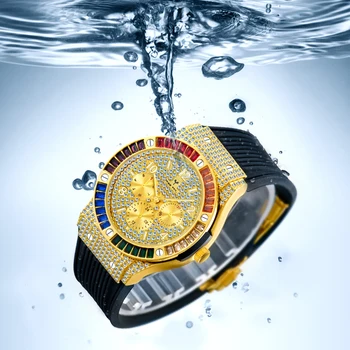 MISSFOX Black Atdzist Modes Skatīties Vīriešu Luksusa Laukumā Krāsu Dimanta Chronograph Watch Gumijas Siksniņu, Siksniņa Kvarca Pulkstenis Ūdensizturīgs