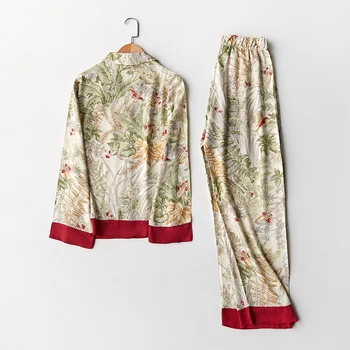 Pavasara Jaunu Gadījuma garām Piedurknēm Satīna Pidžamas Komplekts Zaļa Zāle Drukāšanas Sleepwear Loungewear Sievietes, Savukārt-Apkakle Pijama Mujer