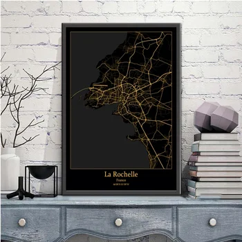 La Rochelle, Francija Black&Gold Pilsētas Gaismas Custom Maps Pasaules Pilsētas Karte, Plakātus, Kanvas Izdrukas, Ziemeļvalstīm Sienas Mākslas Mājas Dekoru