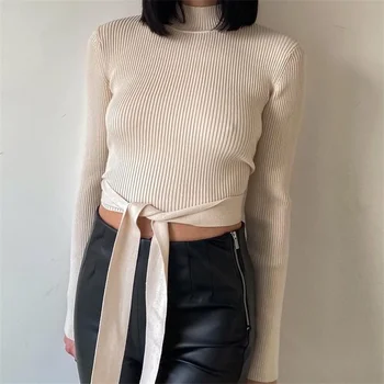 TRAF Ｗomen Augsta Kakla Sexy Īss Džemperis Ir 2021. Modes Sadalīt Dizains Pavada Jostas Apdare ar garām Piedurknēm Džemperis Streetwear