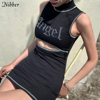 Nibber modes dobi eņģelis burtu drukāšanas slim kleita sieviešu vasaras ielu ikdienas valkāšanai 2020 bez piedurknēm bodycon mini kleita mujer