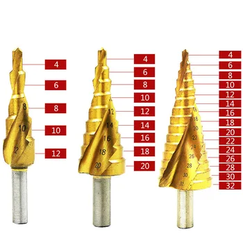 3Pcs Metriskās Spirāli Flauta Pagoda Formas Caurumu Griezējs 4-12/20/32mm HSS Tērauda Konuss Urbju Komplekts HSS Tērauda Solis Asināšanas DT6