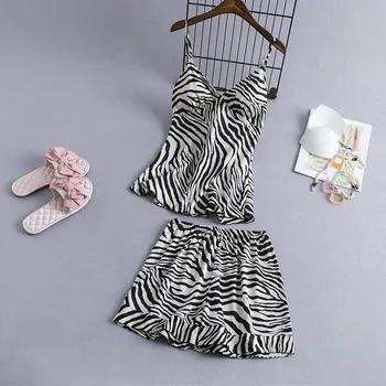 Fiklyc apakšveļa 5 gabalus, sexy zebra stila sieviešu mākslīgās zīda pidžamas komplekti, polsterēta krūtīs sieviešu garām piedurknēm vasaras naktsveļu kostīmi