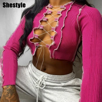 Shestyle Mežģīnes Up Dobi Ārā T-Krekls Sievietēm Sexy Raibs Streetwear 2020. Gada Rudenī Jaunā Modes krustām šķērsām Pārsējs Crop Topi