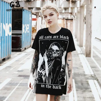 Sunfiz YF Gothic Black Sievietēm, O-veida Kakla Īsām Piedurknēm Vēstuli Galvaskausa Kaķis Drukāšanas Garš T-krekls 2020. gada Vasaras Goth, Punk Sieviešu Topi Brīvs