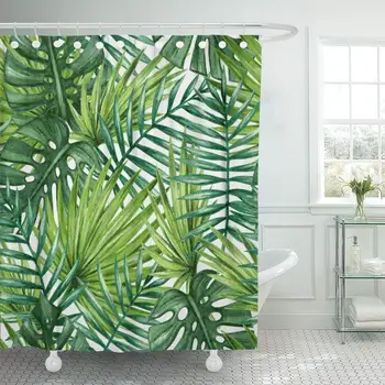Dušas Aizkars Aizkari Zaļo Lapu Akvarelis Tropisko Palmu Lapām, Krāsainām Koku Lietusmežu Džungļos Hawaii ļoti Gara dekori
