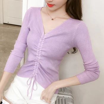 Rudens Jaunās Sievietes Adīšanas Džemperis 2020. Gadam Korejas Modes V-veida kakla Cilpu Slim garām piedurknēm Džemperis Ziemas Femme Topi Apģērbi