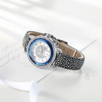 TIME100 Sieviešu Pulksteņi, Kvarca Rokas pulksteņi okeāna sērijas haizivs Ādas Siksna Dimanta Saderināšanās Dual Skalu Pulkstenis zila horloge