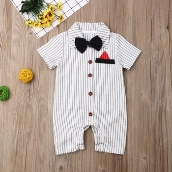 Baby Boy Romper Toddler Jaundzimušo Vasaras Īsām Piedurknēm Kungi Bowtie Sarkanā Baltā Svītrainām Jumpsuit Apģērbs, Apģērbs Apģērbs 2019