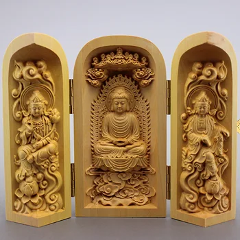 Izsmalcinātu Boxwood Griešanai Budas Statuja Trīs Atvērt Rūtiņu Koka Amatniecības Rotājumi Boutique Dievs Rotājumi