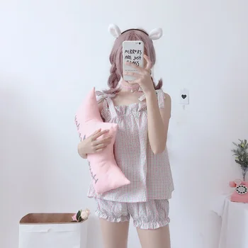 2019. gada Vasarā Jaunu kawaii sieviešu divdaļīgs kostīms Harajuku salds jostas siksna top+ bikses mājās sieviešu pidžamas komplekts