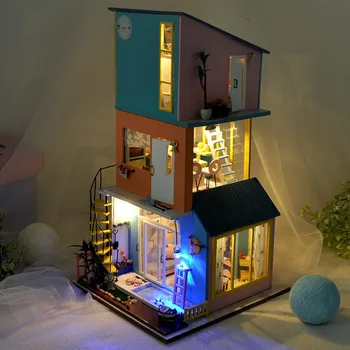 3D Koka DIY Miniatura Māja Bloki Kombinācija Villa Happy Saldās Dzīves Spēles Ar Mēbelēm, Gaismas diodes Dzimšanas dienas Dāvana