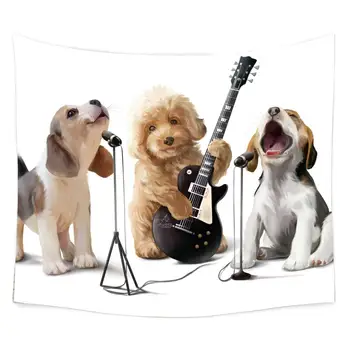 Smieklīgi Smaida Indy Mūziķis Mopsis Suns Spēlē Ģitāru un Dzied Dziesmas Rock Roll Tēma Gobelēns