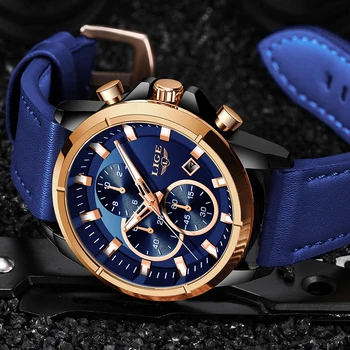 LIGE Gadījuma Sporta Skatīties Uz Vīriešiem Blue Top Zīmola Luksusa Militāro Ādas Rokas Pulksteņi Mans Pulkstenis Modes Hronogrāfus, Rokas pulksteni
