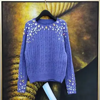 Luksusa Dimanta Skrejceļa Augstas Kvalitātes Frēzēšana Rudens Ziemas Vintage Trikotāžas Džemperis Elegants Izliekums, Violeta Dzeltena Pilnu Piedurknēm Džemperis
