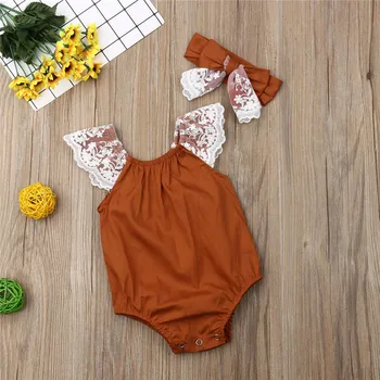 2019 Jaundzimušo Mežģīnes Romper Infant Baby Meitenes Mežģīnes Lidot Piedurknēm Romper Jumpsuit Galvu 2gab Vasaras Toddler Apģērbu Komplekti 0-24M