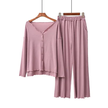 2020. gada Rudenī, Jaunās Dāmas, Pidžamas Komplekts Komfortu tīrtoņa Krāsu Sieviešu Sexy V-Neck Homewear 2gab garām Piedurknēm+Bikses Ikdienas Valkāšanai
