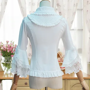 Vintage Baltās Mežģīņu Kokvilnas Blūze Dāmām Classic Lolita Princese Kostīmu Slim Aprīkots Kreklu Pogu 3/4 Bell Slāni Piedurknēm Augšu