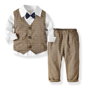 Bērnu apģērbi rudenī jauni Puiši Britu Vēja Uzstādīt Bērnu pleds veste+Bikses ar jostas Džentlmenis uzvalks 1-6 gadiem