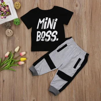 2gab Toddler Bērniem, Zēniem ar Īsām Piedurknēm T-krekls Topi, Bikses Apģērbs, Apģērbu Komplekts Mini Boss 1-6T