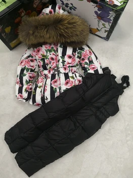 80cm -140cm 2019 Ziemas Jaka Bērniem uz leju jakas & ELSAS pīle uz leju Kažokādas kapuci meitene snowsuit zēns Uzvalks uzstādīt virsdrēbes slēpošanas uzvalks
