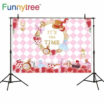 Funnytree fons foto studija rozā režģis ziediem pokera karikatūra wonderland tējas laiku, fotogrāfijā fona photobooth prop