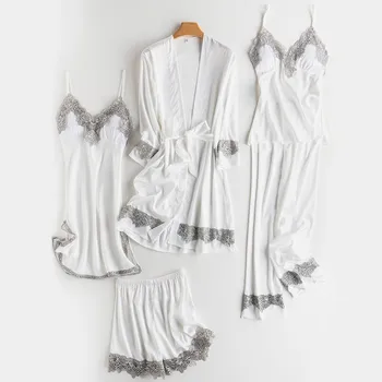 Līgavas 5GAB Tērpu Komplekts Sievietēm Satīna Mežģīnes Apdari Peldmētelis Kimono Kleita Seksīga Kāzu Līgavas Sleepwear Uzvalks Gadījuma V-veida Kakla Naktskrekls