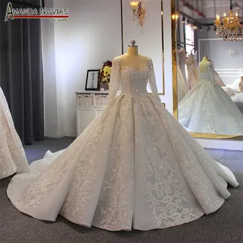 Luksusa bumbu kleita, kāzu kleita ar garām piedurknēm mariage 