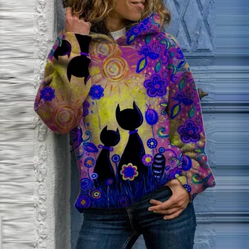 Ziemas Dzīvnieku Džemperis Sievietēm Zaudēt Liela Izmēra 3d Kaķis Drukāšanas Plus Samta Džemperis Sieviešu Ikdienas Krekli 2020
