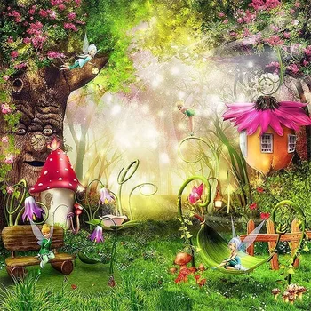 Vinila Pasaku Wonderland Enchanted Meža Fona Veco Koku Ziedi Sēnes Baby Girl Dzimšanas dienas svinības Fons, LV-090