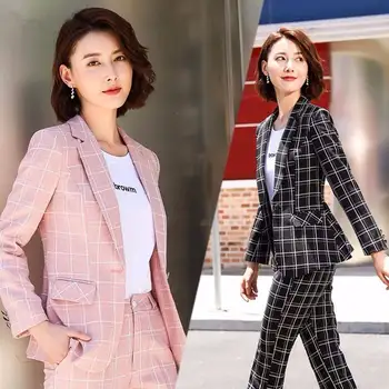 Šiks mazas uzvalks jaka sieviešu 2019. gada rudenī jaunā korejiešu modes pleds uzvalks jaka + rozā pleds bikses
