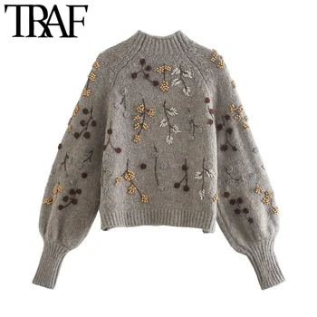 TRAF Sieviešu Modes Ar Gropi Izšuvumi Apgriezts Trikotāžas Džemperis Vintage Laternu Piedurknēm Sieviešu Džemperis Šiks Topi