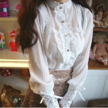 Vintage Meitene Pavasara Vasaras Kreklu Salds Aproces Salda Meitene ir Krekls ar garām Piedurknēm Mežģīnes Laceing Elegants Anime Lolita Krekls Top