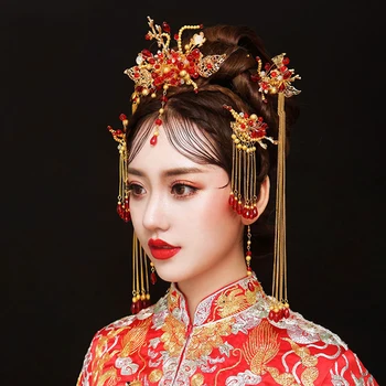 HIMSTORY Zelta Krāsā Ķīniešu Stilā Vintage Kāzu Matu Rotas, Aksesuāri, Sarkana Perlamutra Krelles Haircomb Hairstick Piederumi