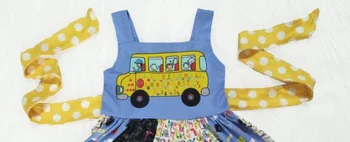 Boutique bērnu apģērbu gril atpakaļ uz skolu valkāt cute skolas autobusu drukas bērnu kleita bez piedurknēm