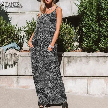 Spageti Siksnas, Leoparda Kleita ZANZEA ir 2021. Sieviešu Drukāt Sundress Modes V-veida Kakla Vasaras Garā Kleita Plus Size Drēbes bez Piedurknēm 7