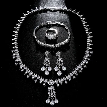 Luksusa Zircon Rhinestone Kāzu Kaklarota, Auskari Rotu Komplekts Rose Gold Crystal Saderināšanās Līgavas Balli Pusei Paziņojumu Dāvanu