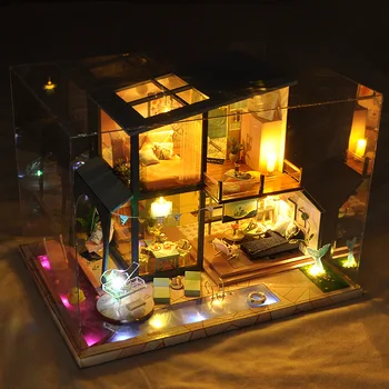 DIY Koka Namiņš Baseins Pīļu Holiday Villa Komplekts Samontēti Miniatūra Leļļu Nams Rotaļlietas Bērniem Pieaugušo Ziemassvētku Dāvanas